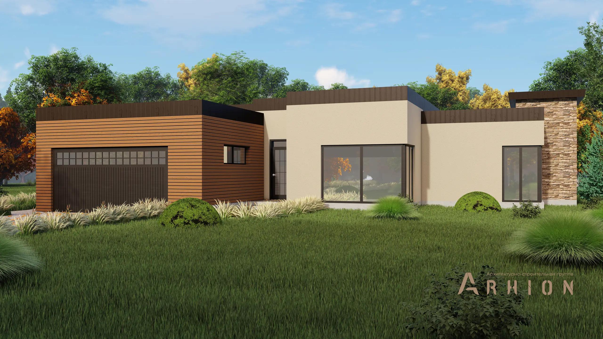 1. Проект одноэтажного дома в стиле хай-тек с плоской кровлей , H-29, площадью - 201 кв c гаражом