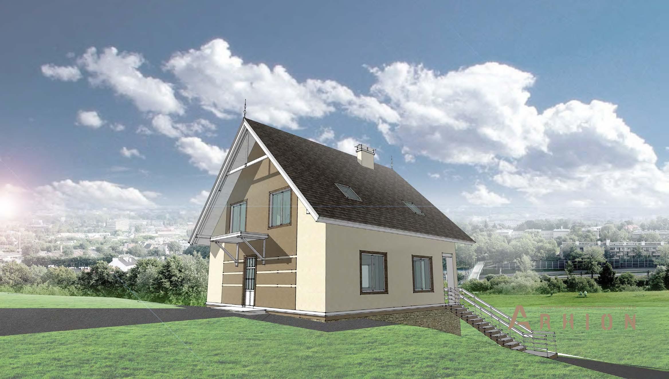 2. Проект одноэтажного дома в канадском стиле с двускатной кровлей, H-57, площадью - 233 кв c цокольным этажом, мансардой, балконом