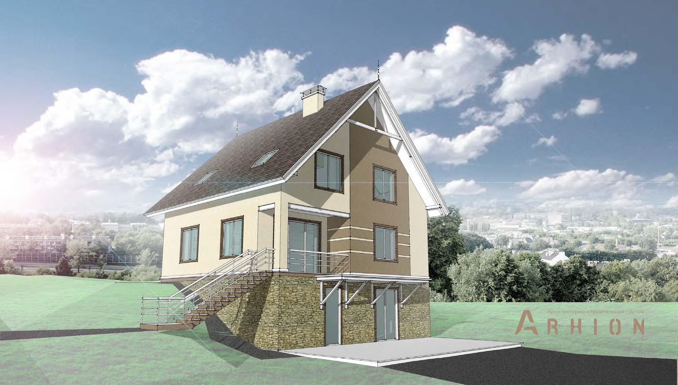 1. Проект одноэтажного дома в канадском стиле с двускатной кровлей, H-57, площадью - 233 кв c цокольным этажом, мансардой, балконом