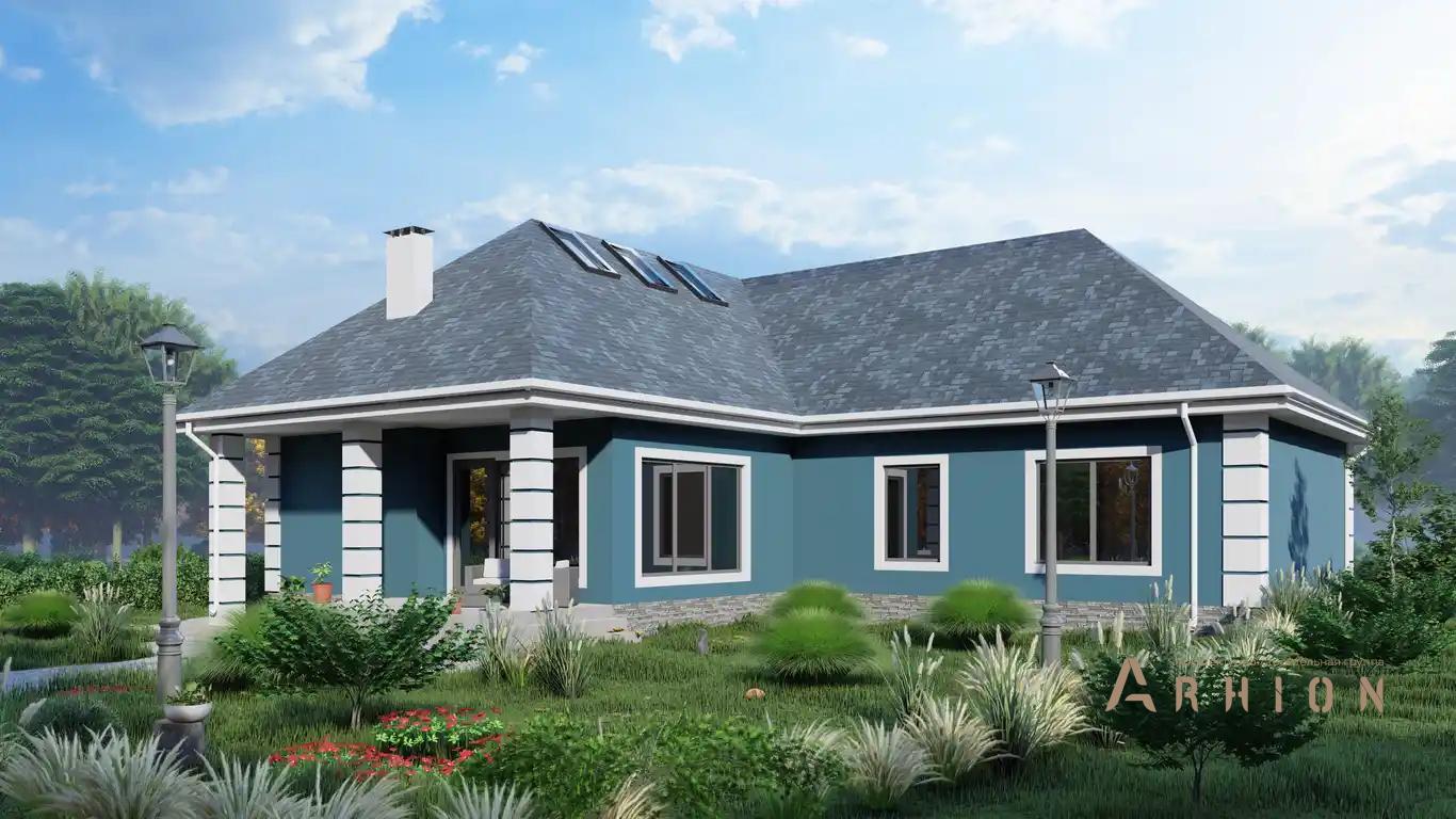 2. Проект одноэтажного дома в современном стиле с четырехскатной, H-60, площадью - 239 кв c мансардой, терассой