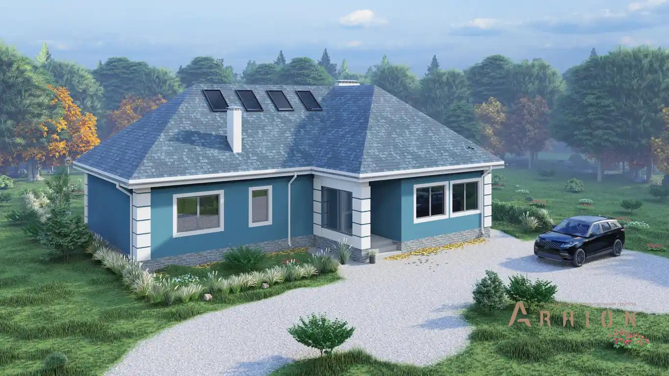 1. Проект одноэтажного дома в современном стиле с четырехскатной, H-60, площадью - 239 кв c мансардой, терассой