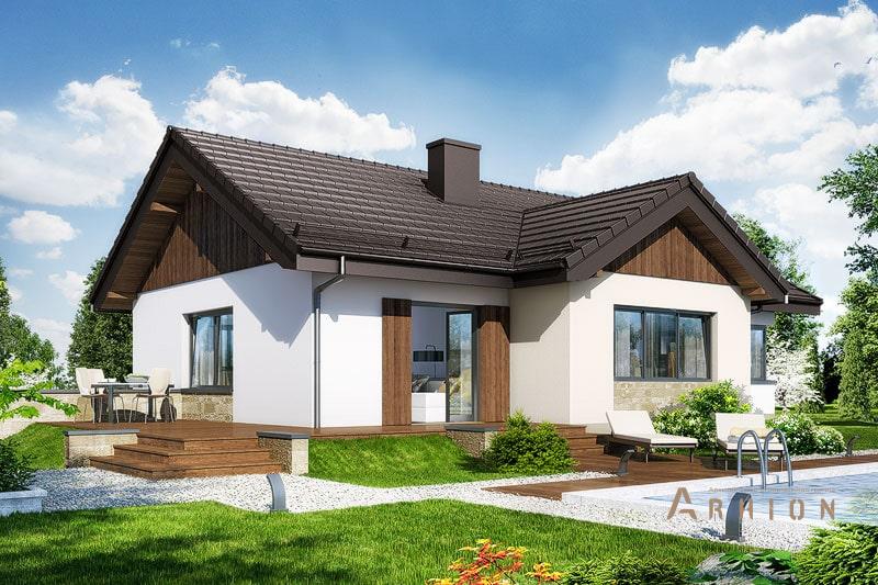 2. Проект одноэтажного дома в канадском стиле с двускатной кровлей, H-62, площадью - 96 кв c терассой, эркером