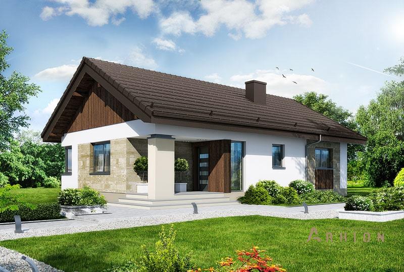 3. Проект одноэтажного дома в канадском стиле с двускатной кровлей, H-62, площадью - 96 кв c терассой, эркером