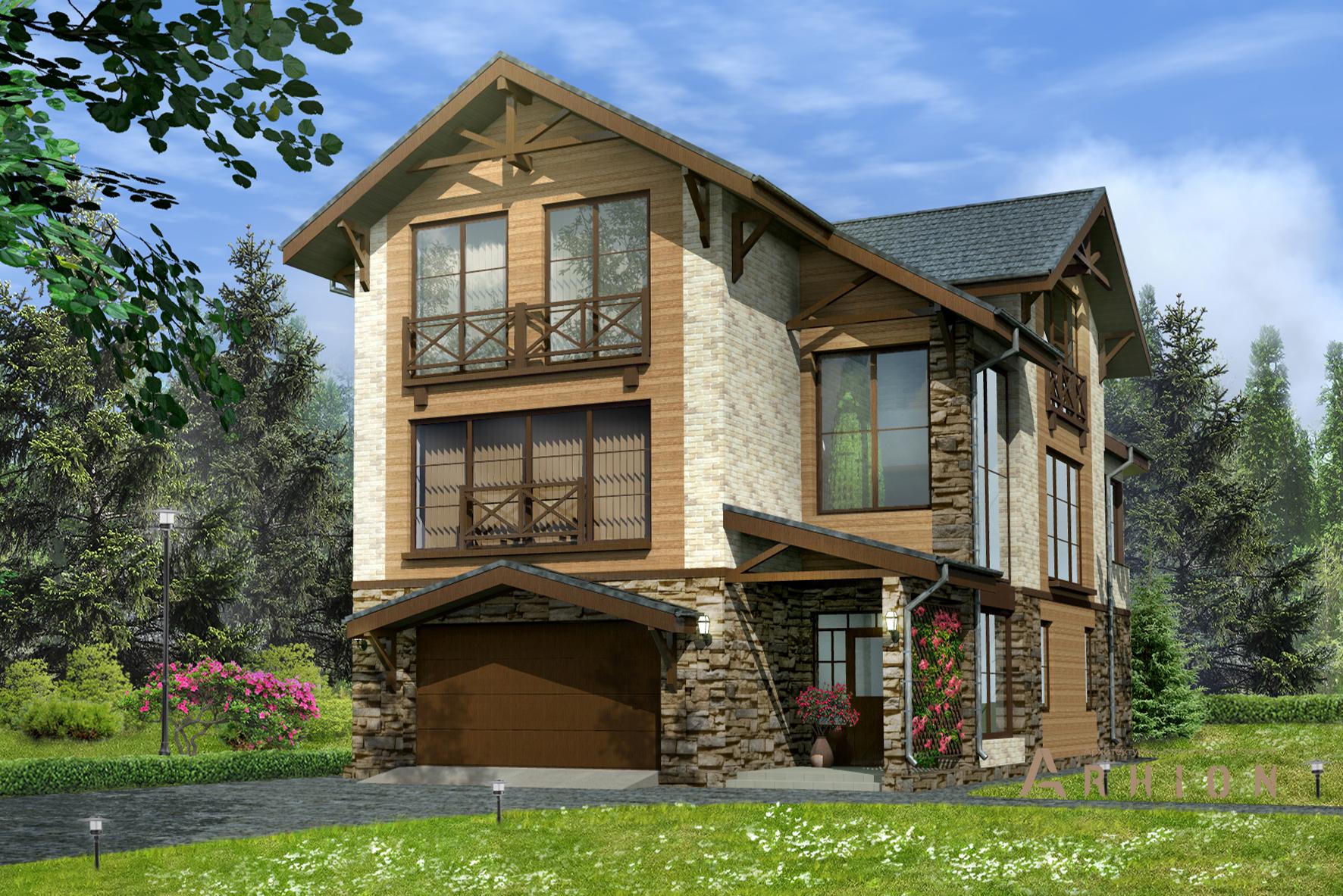 1. Проект трехэтажного дома в альпийском стиле с многоскатной кровлей, HM-1124, площадью - 294 кв c сауной, терассой, гаражом, эркером, вторым светом