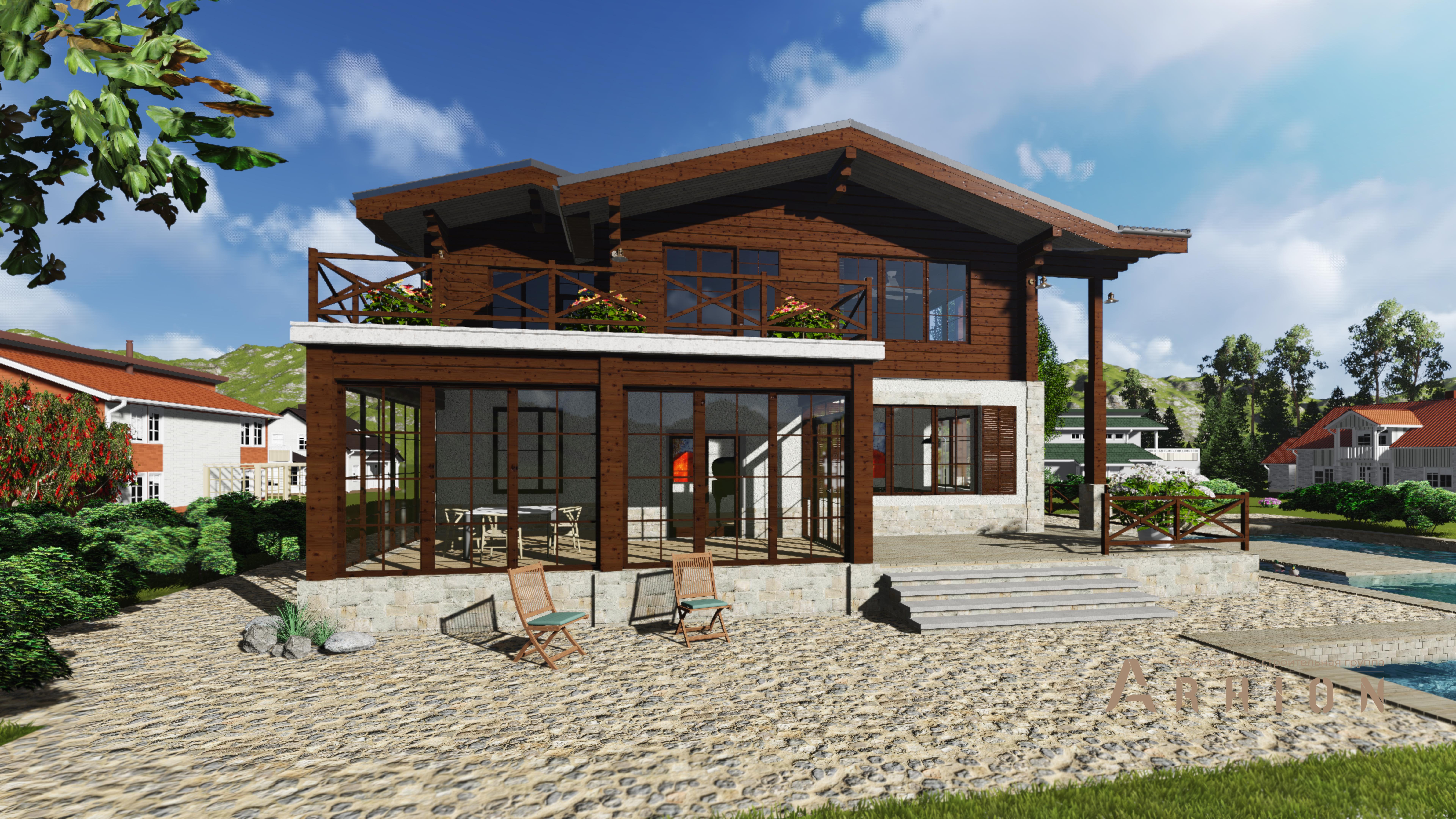 2. Проект двухэтажного дома в стиле шале с двускатной кровлей, HM-1127, площадью - 390 кв c сауной, терассой, балконом, вторым светом