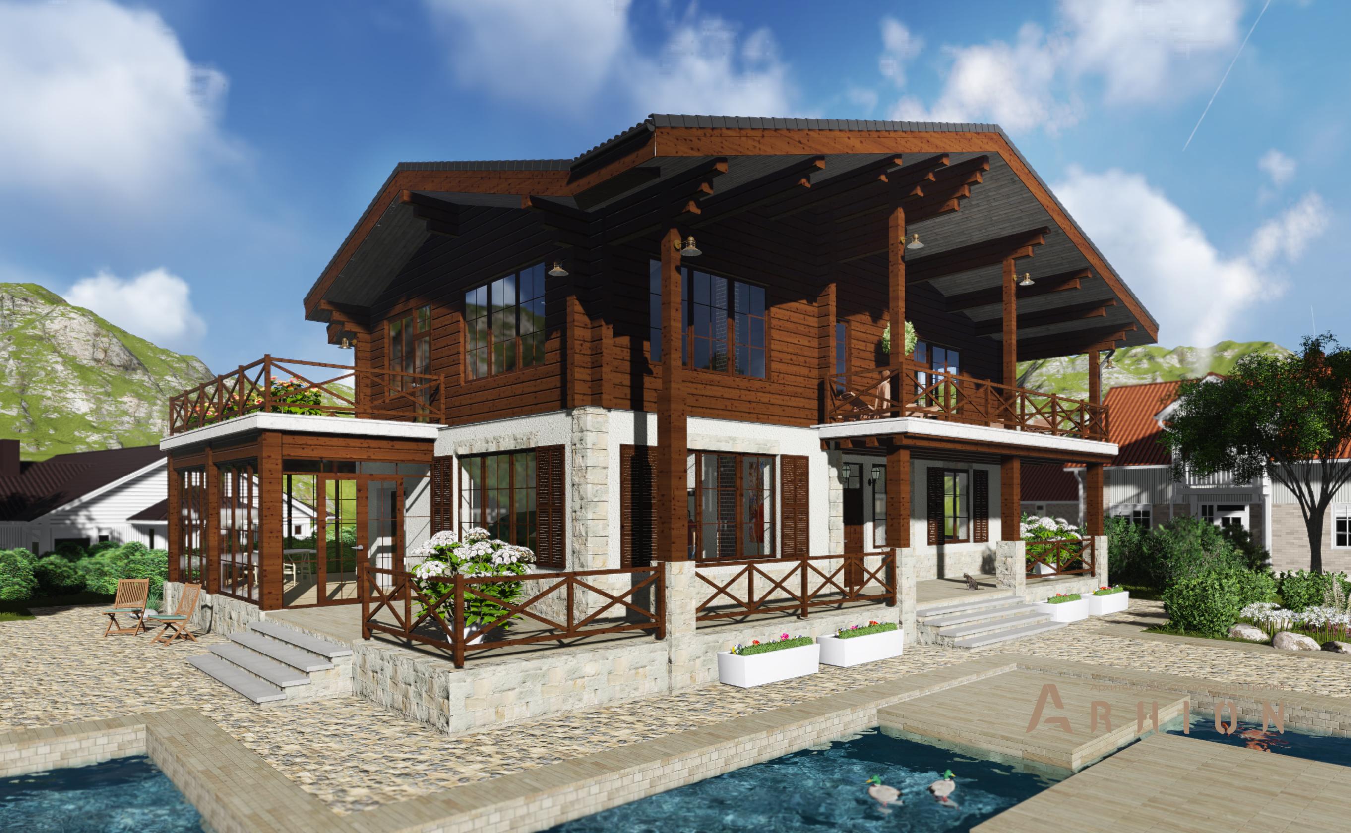 3. Проект двухэтажного дома в стиле шале с двускатной кровлей, HM-1127, площадью - 390 кв c сауной, терассой, балконом, вторым светом