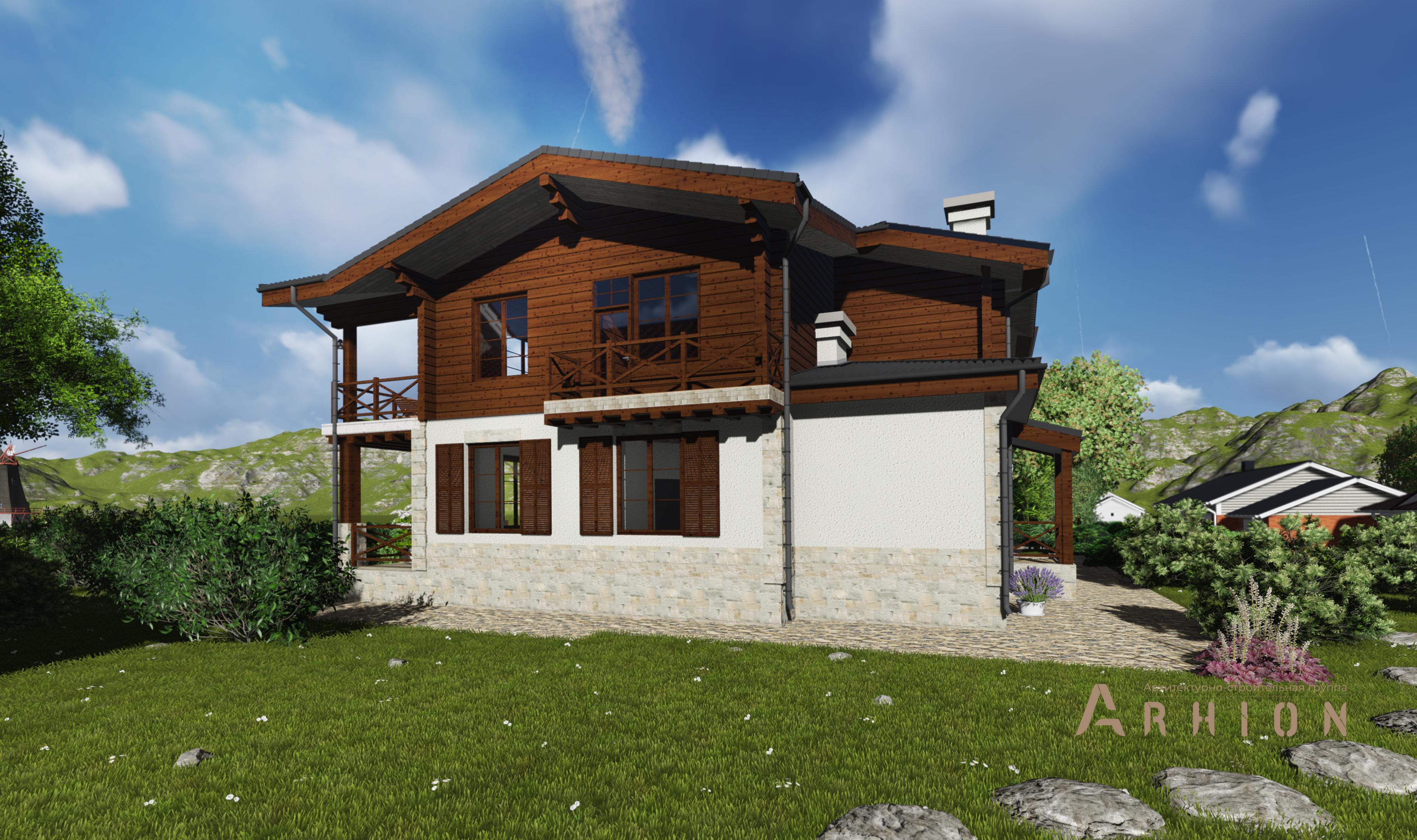 4. Проект двухэтажного дома в стиле шале с двускатной кровлей, HM-1127, площадью - 390 кв c сауной, терассой, балконом, вторым светом