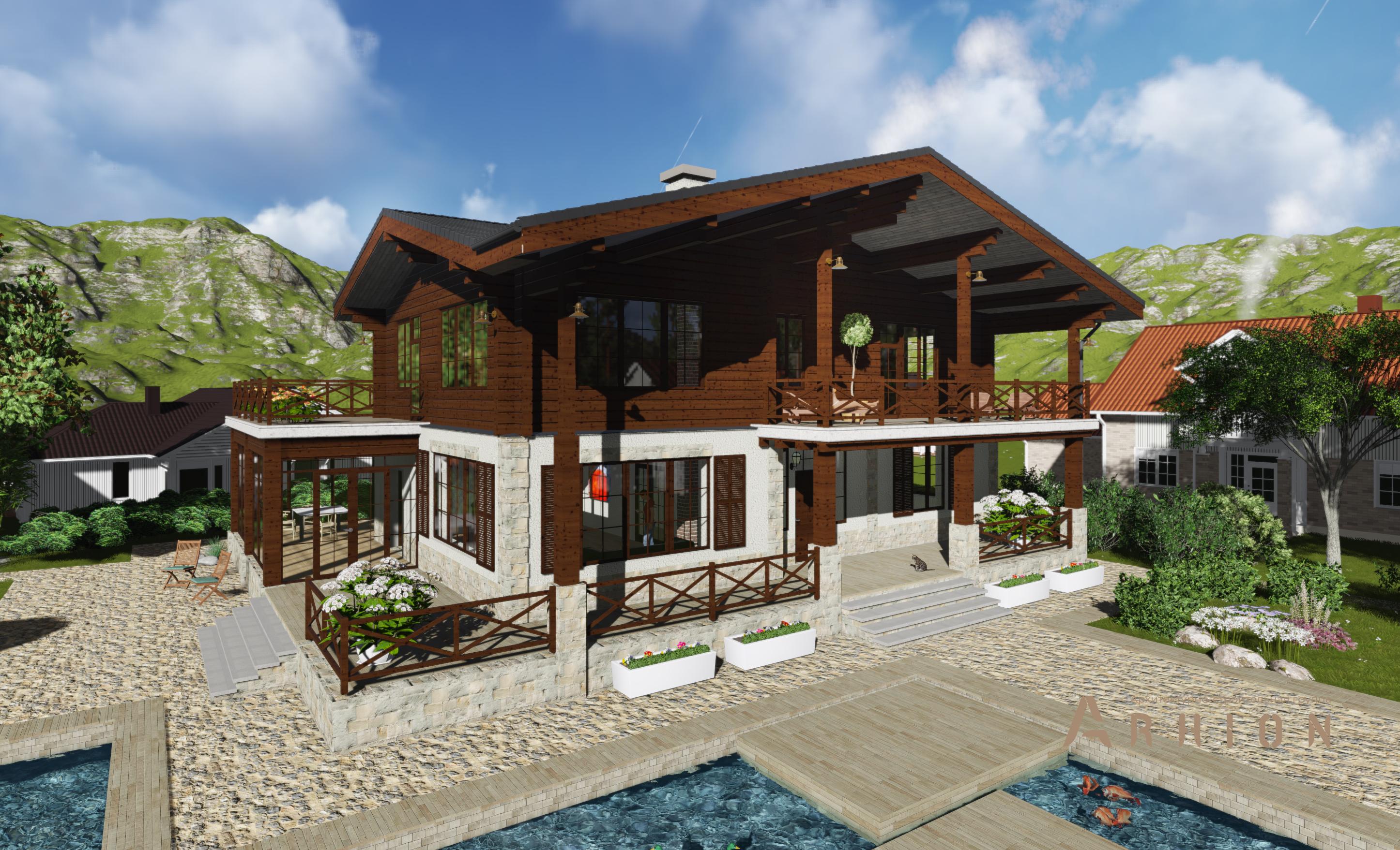 5. Проект двухэтажного дома в стиле шале с двускатной кровлей, HM-1127, площадью - 390 кв c сауной, терассой, балконом, вторым светом