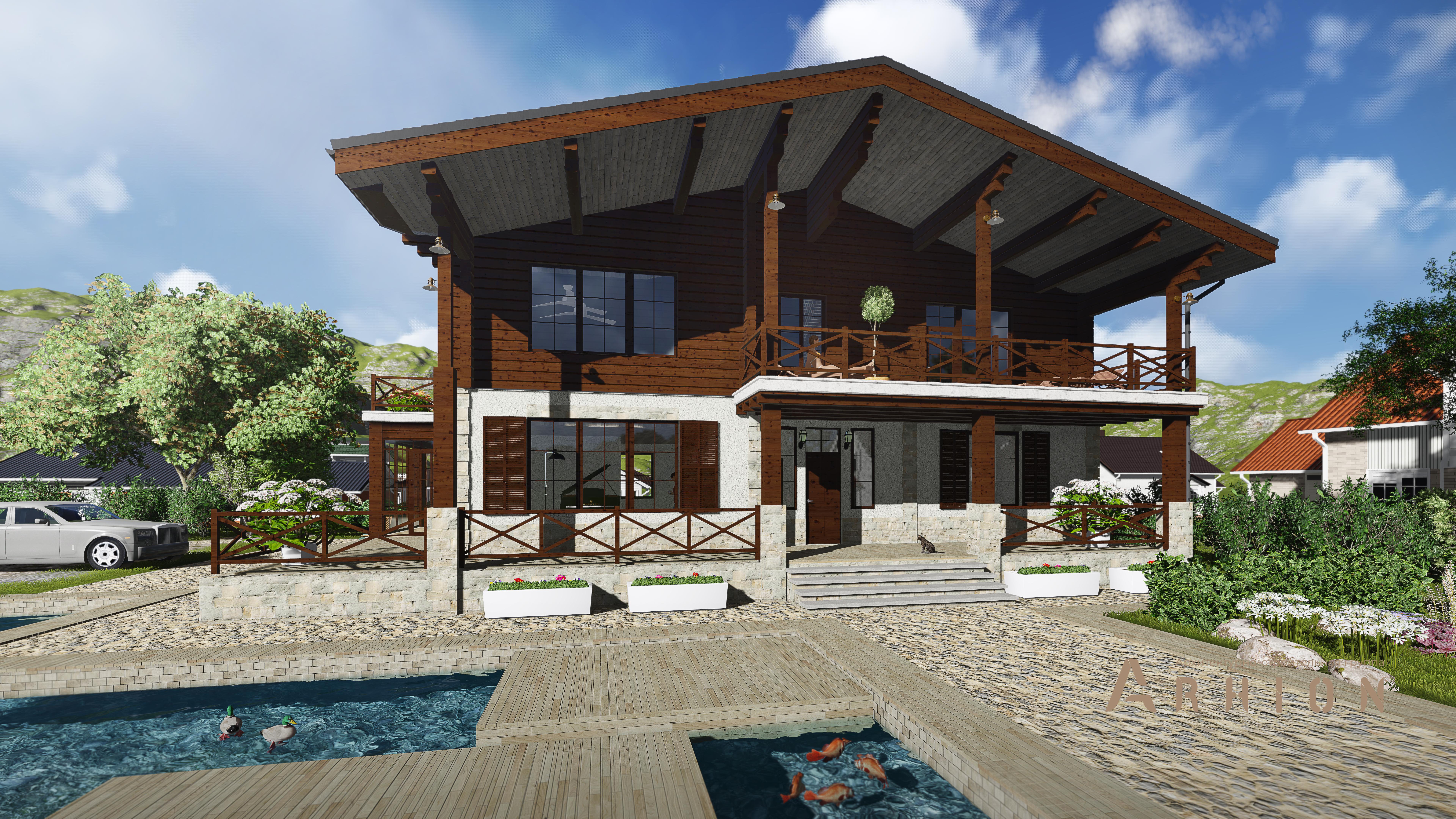 1. Проект двухэтажного дома в стиле шале с двускатной кровлей, HM-1127, площадью - 390 кв c сауной, терассой, балконом, вторым светом