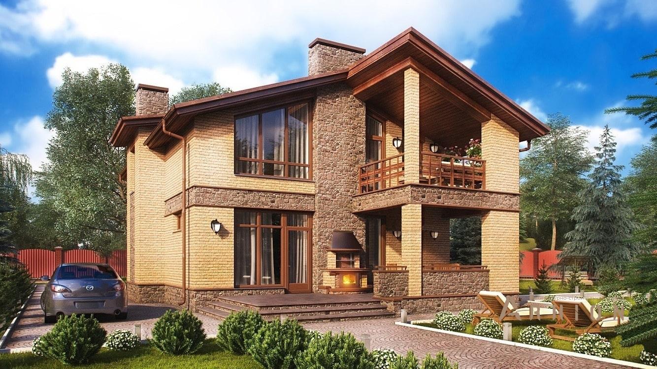 1. Проект двухэтажного дома в скандинавском стиле с двускатной кровлей, kr-141, площадью - 142 кв c терассой, балконом