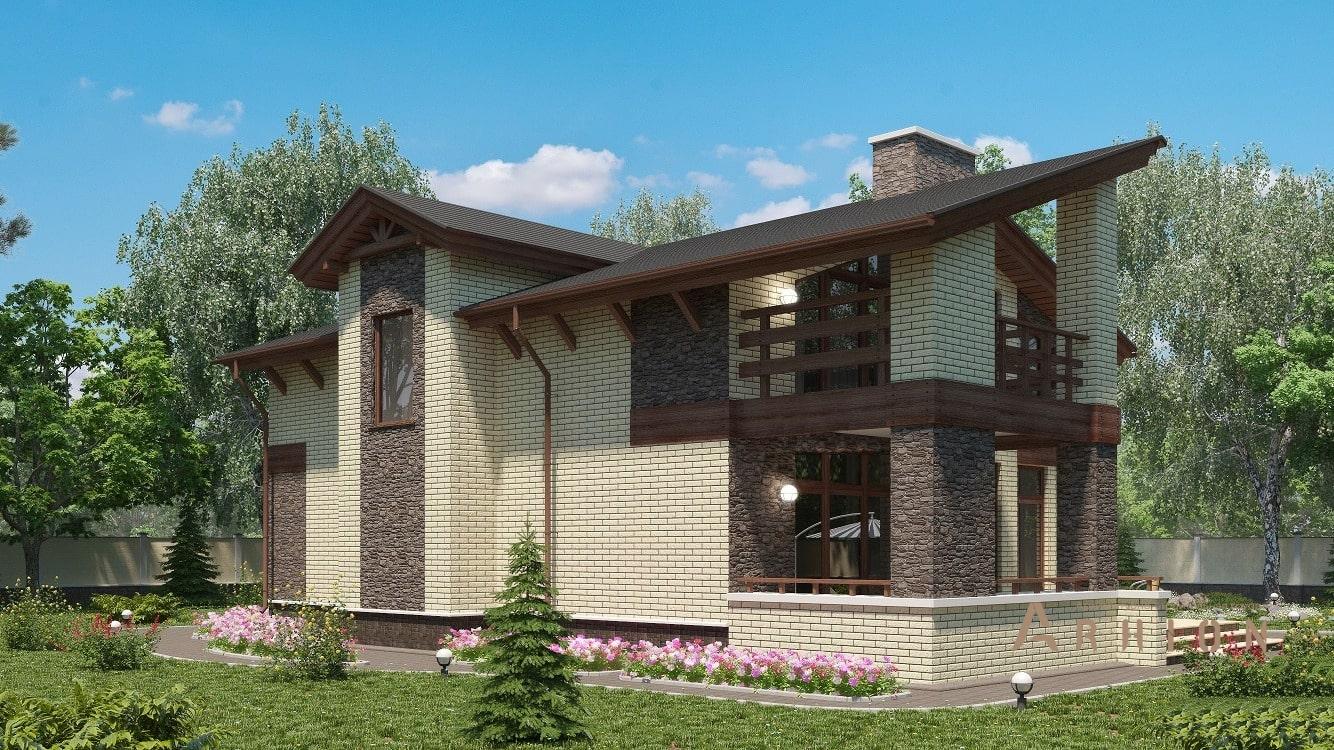 4. Проект двухэтажного дома в стиле шале с двускатной кровлей, kr-155, площадью - 174 кв c терассой, балконом, вторым светом