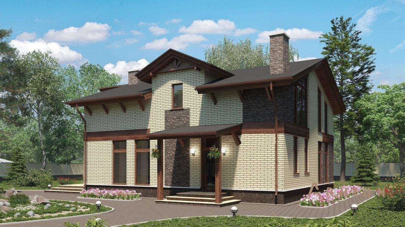 3. Проект двухэтажного дома в стиле шале с двускатной кровлей, kr-155, площадью - 174 кв c терассой, балконом, вторым светом