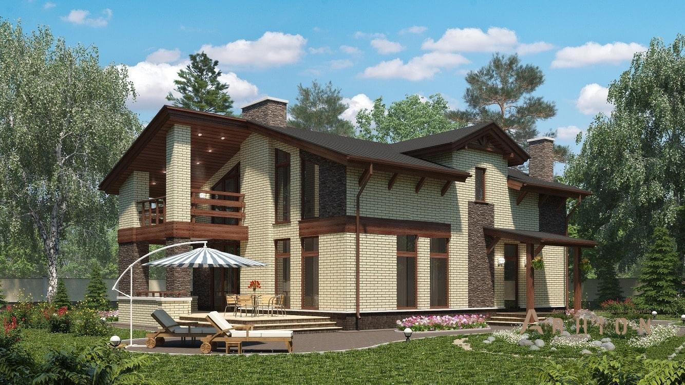 1. Проект двухэтажного дома в стиле шале с двускатной кровлей, kr-155, площадью - 174 кв c терассой, балконом, вторым светом