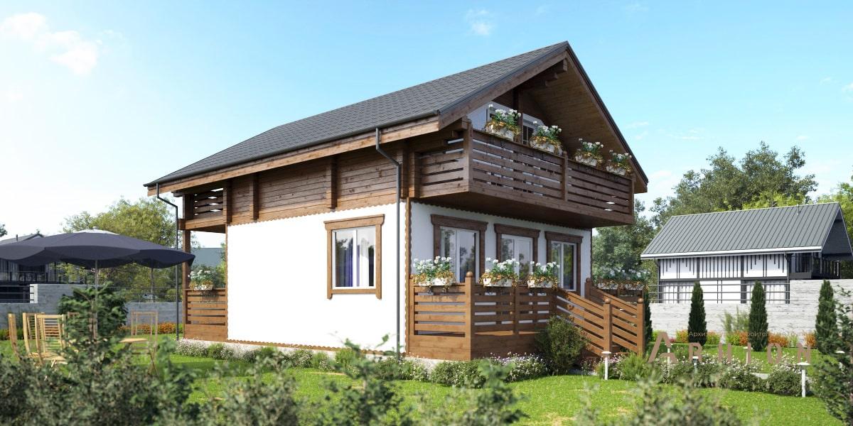 1. Проект одноэтажного дома в стиле шале с двускатной кровлей, kr-156, площадью - 116 кв c мансардой, терассой, балконом
