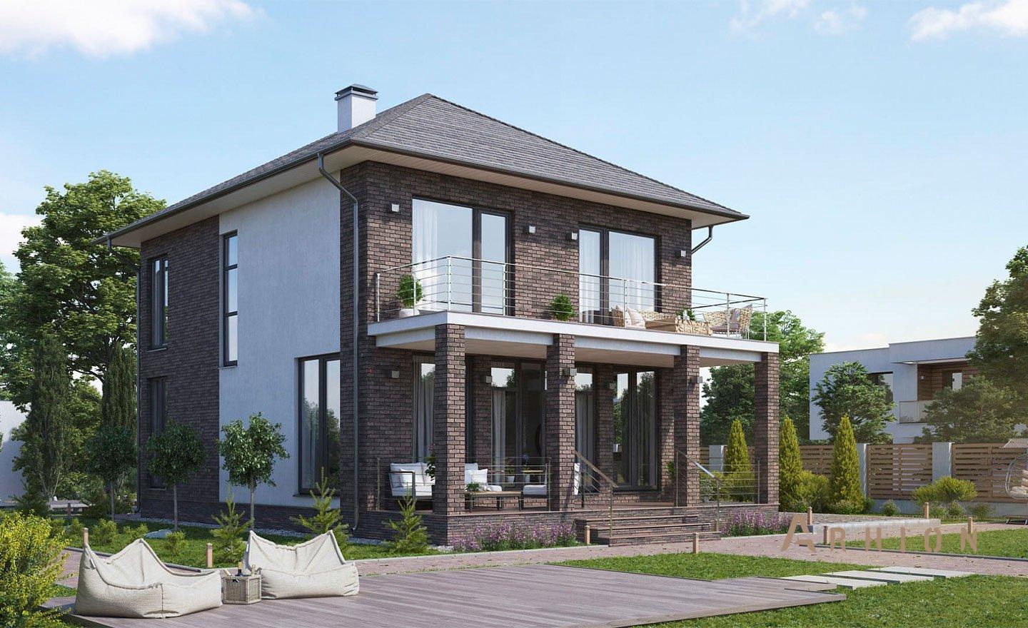 1. Проект двухэтажного дома в современном стиле с четырехскатной, kr-159-1, площадью - 137 кв c терассой