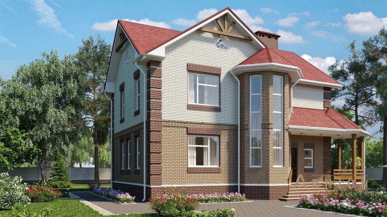 1. Проект двухэтажного дома в современном классическом стиле с многоскатной кровлей, kr-163, площадью - 164 кв c терассой, эркером