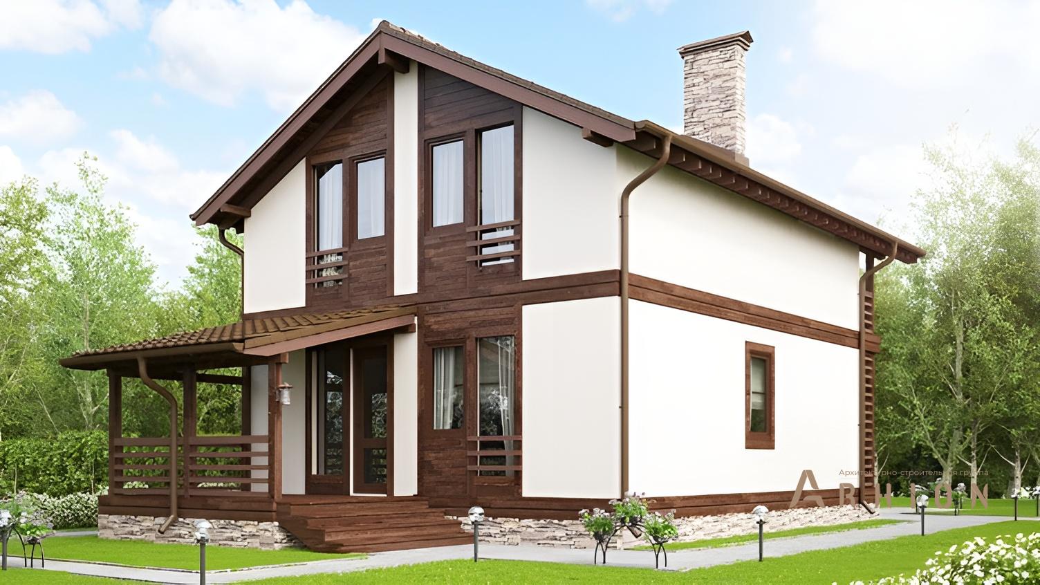 2. Проект одноэтажного дома в скандинавском стиле с двускатной кровлей, kr-164, площадью - 143 кв c мансардой, терассой, балконом