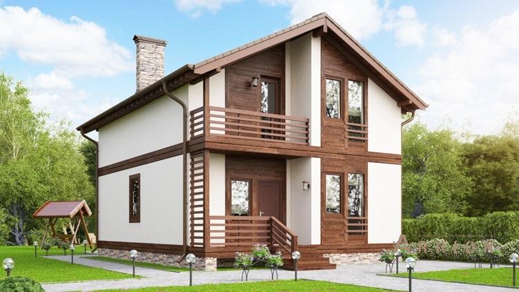 1. Проект одноэтажного дома в скандинавском стиле с двускатной кровлей, kr-164, площадью - 143 кв c мансардой, терассой, балконом