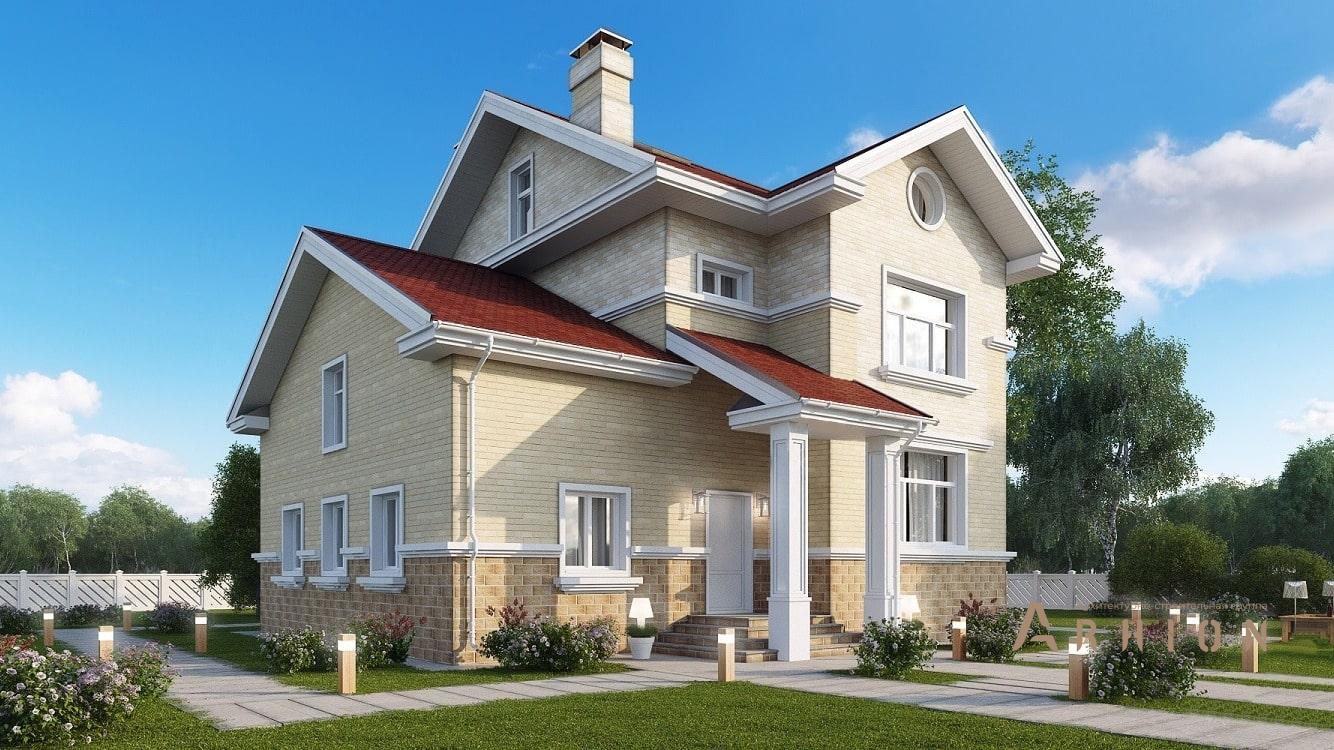 1. Проект двухэтажного дома в европейском стиле с двускатной кровлей, kr-165, площадью - 165 кв c мансардой