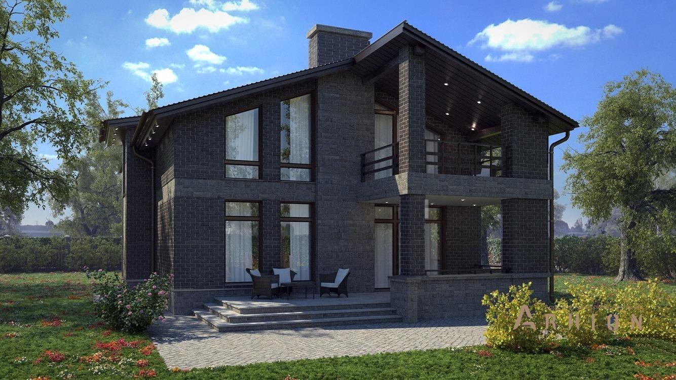 1. Проект одноэтажного дома в европейском стиле с двускатной кровлей, kr-167, площадью - 240 кв c мансардой, терассой, балконом