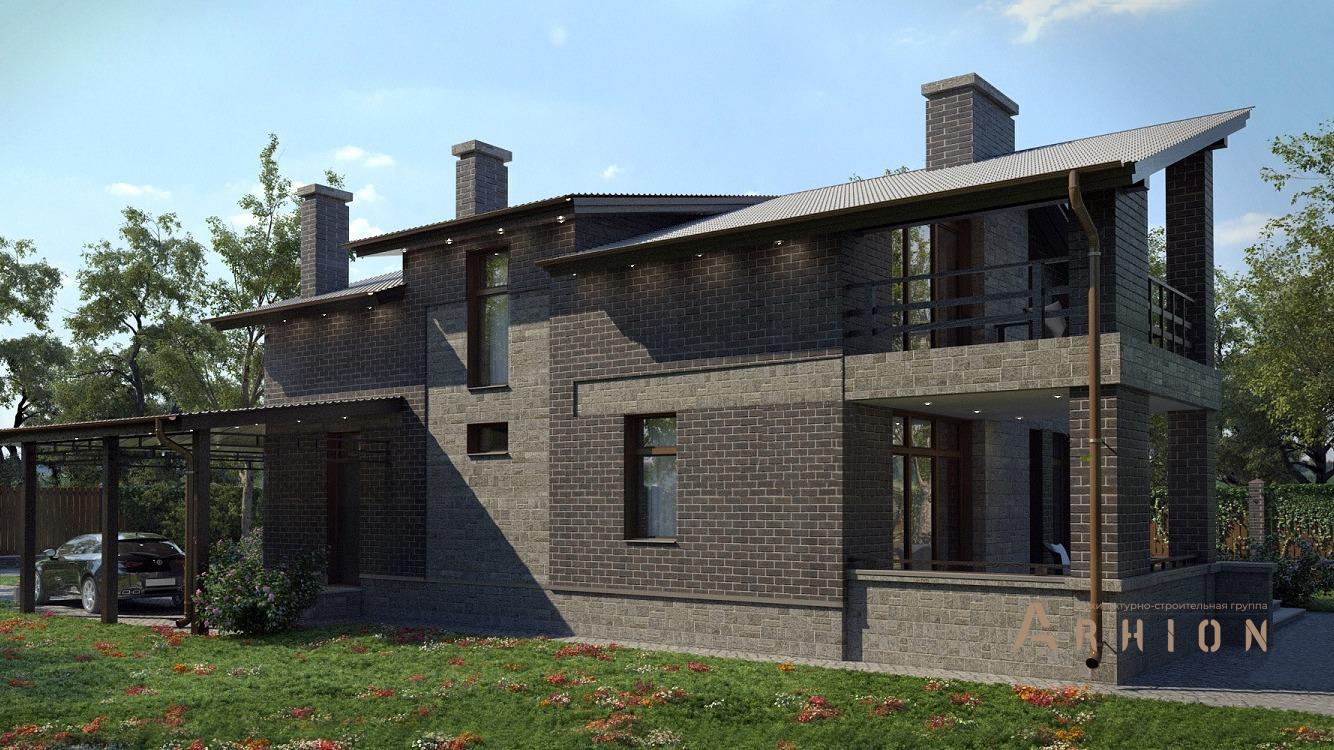 1. Проект одноэтажного дома в европейском стиле с двускатной кровлей, kr-173, площадью - 174 кв c мансардой, терассой, балконом