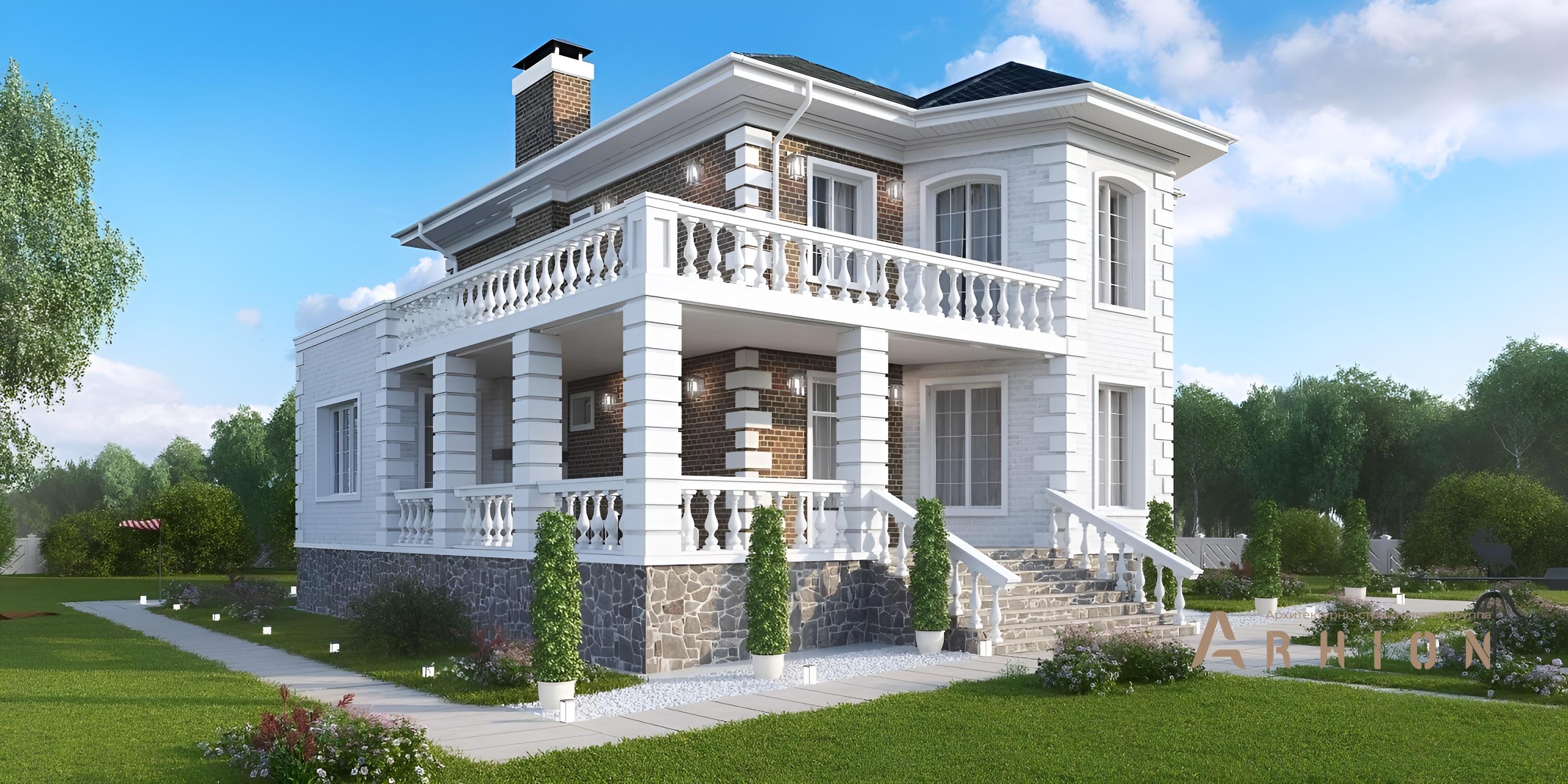 1. Проект двухэтажного дома в классическом стиле с многоскатной кровлей, kr-175, площадью - 175 кв c терассой, балконом, эркером