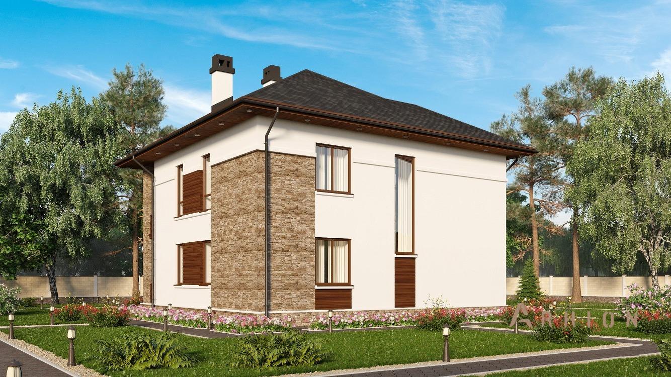 2. Проект двухэтажного дома в европейском стиле с четырехскатной, kr-179, площадью - 179 кв c терассой, балконом