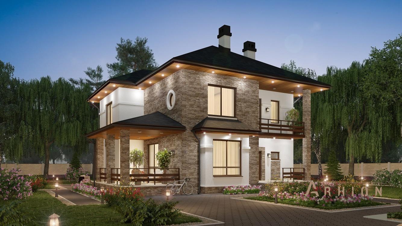 4. Проект двухэтажного дома в европейском стиле с четырехскатной, kr-179, площадью - 179 кв c терассой, балконом