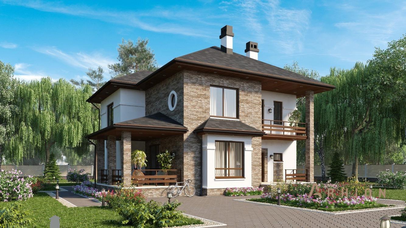 1. Проект двухэтажного дома в европейском стиле с четырехскатной, kr-179, площадью - 179 кв c терассой, балконом