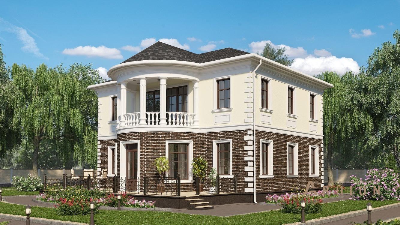 4. Проект двухэтажного дома в классическом стиле с четырехскатной, kr-196, площадью - 197 кв c балконом, эркером