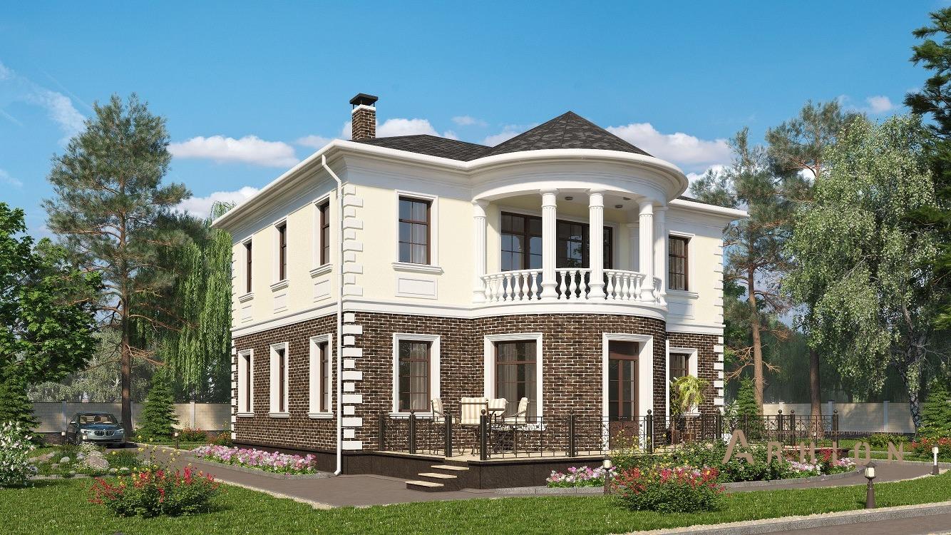 1. Проект двухэтажного дома в классическом стиле с четырехскатной, kr-196, площадью - 197 кв c балконом, эркером