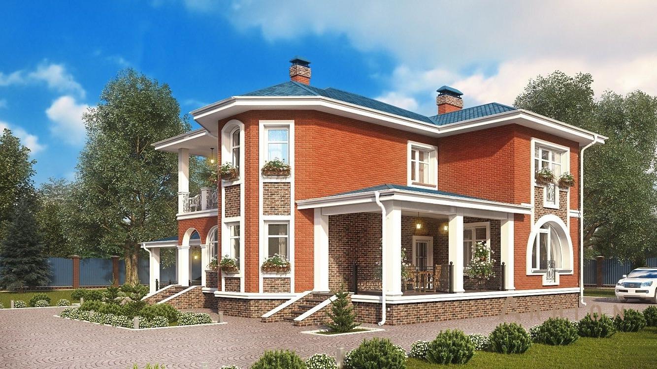 2. Проект двухэтажного дома в европейском стиле с многоскатной кровлей, kr-200, площадью - 200 кв c терассой, балконом, гаражом, эркером