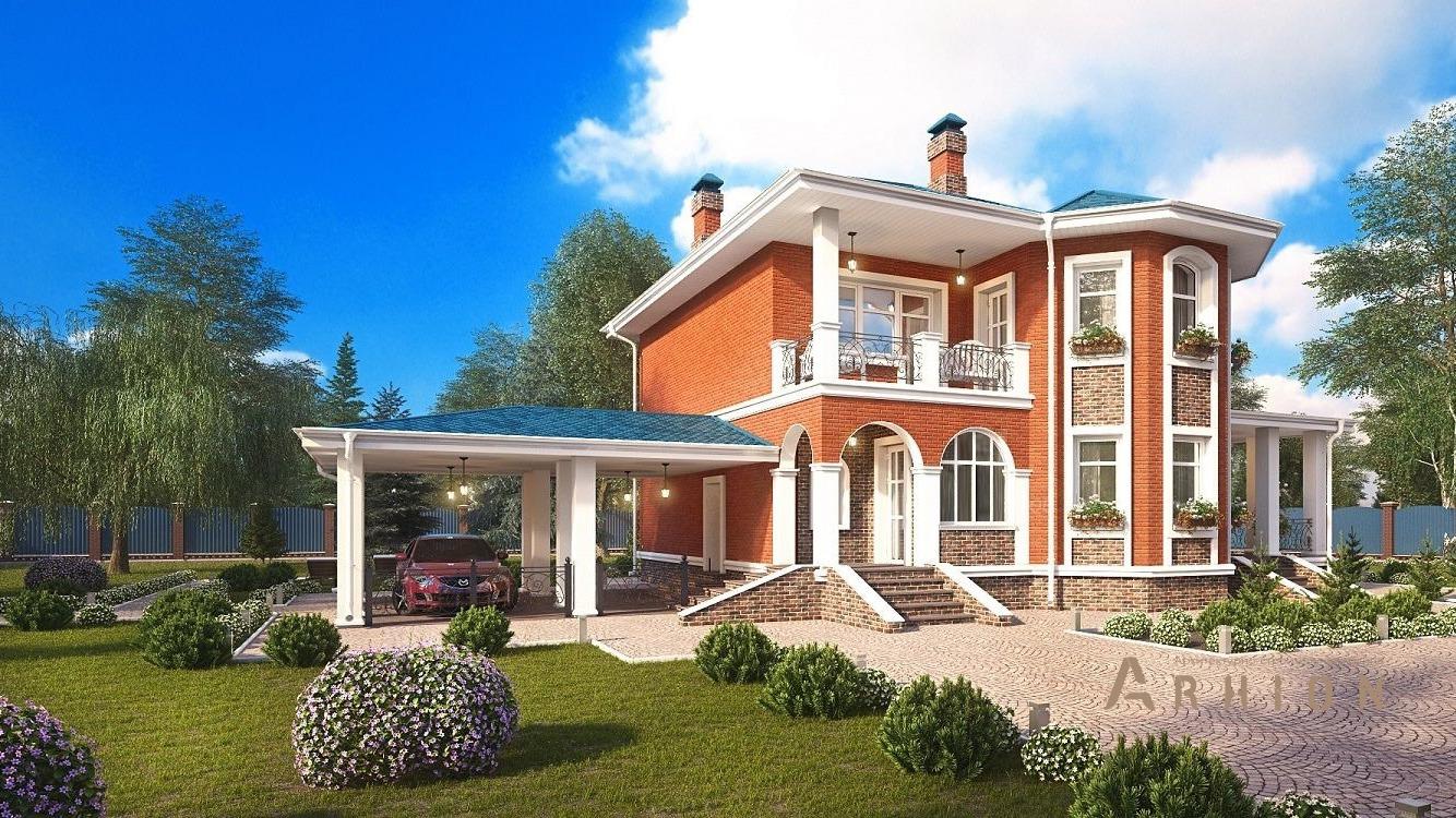 1. Проект двухэтажного дома в европейском стиле с многоскатной кровлей, kr-200, площадью - 200 кв c терассой, балконом, гаражом, эркером