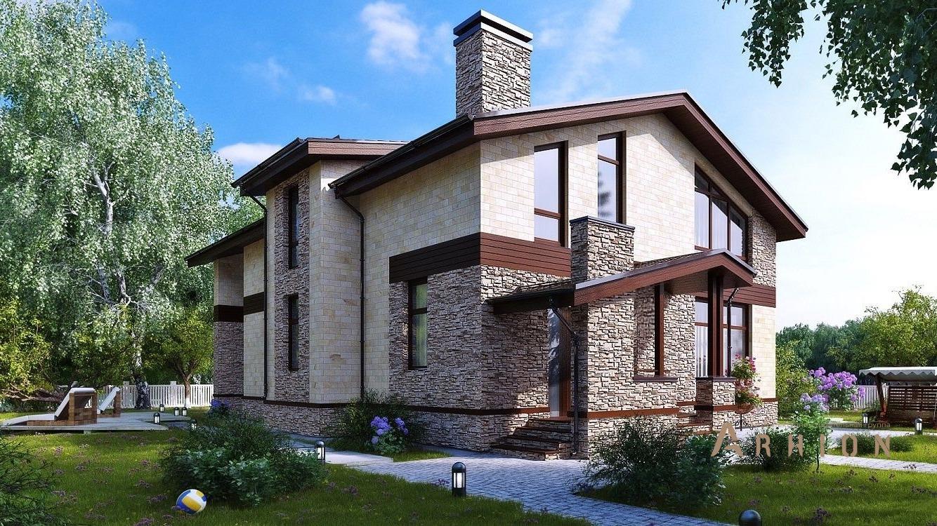 4. Проект одноэтажного дома в немецком стиле с многоскатной кровлей, kr-202, площадью - 203 кв c мансардой, терассой, балконом