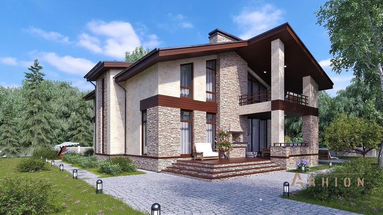 1. Проект одноэтажного дома в немецком стиле с многоскатной кровлей, kr-202, площадью - 203 кв c мансардой, терассой, балконом