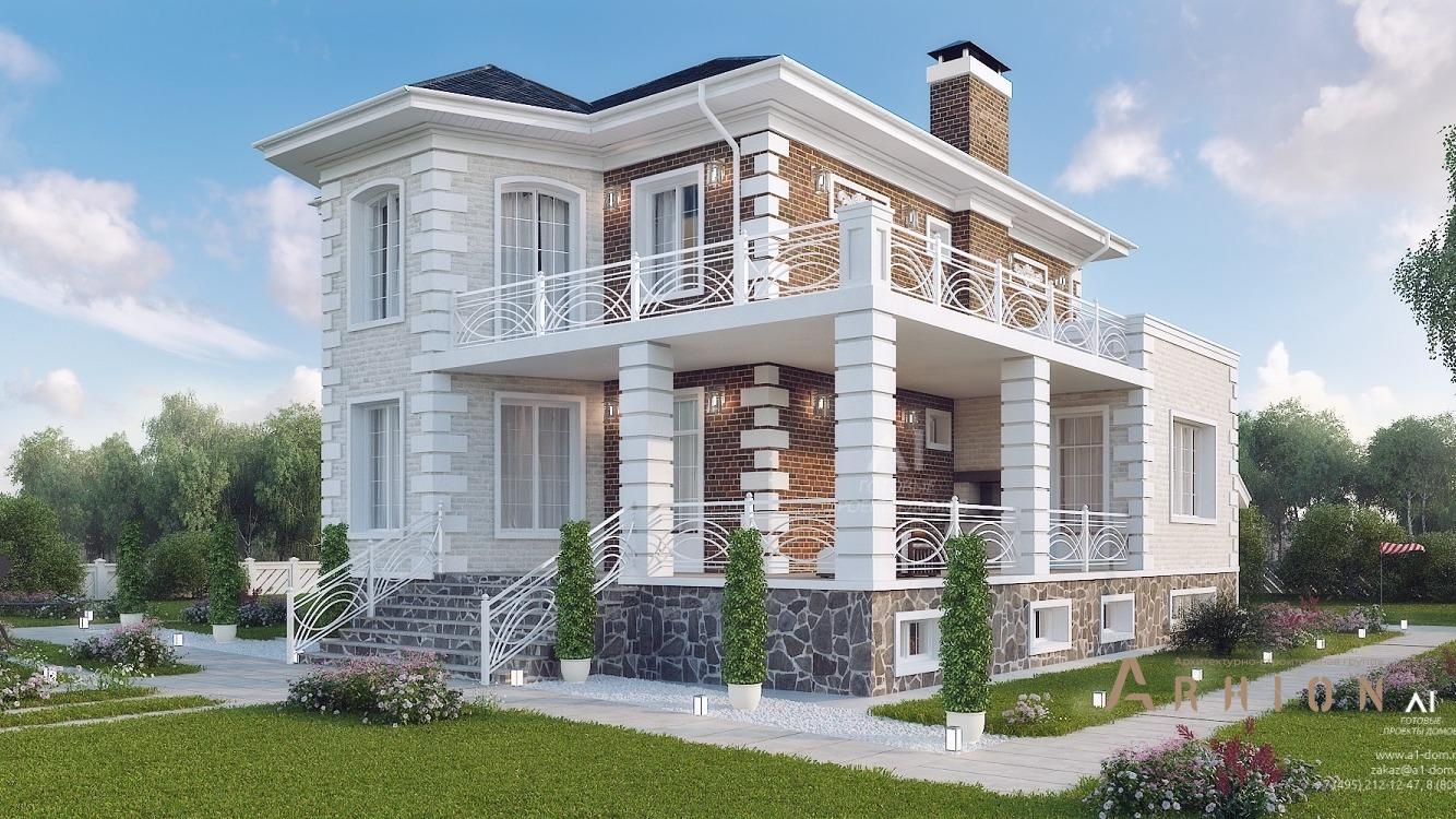 1. Проект двухэтажного дома в современном классическом стиле с многоскатной кровлей, kr-205, площадью - 206 кв c цокольным этажом, терассой, балконом, эркером