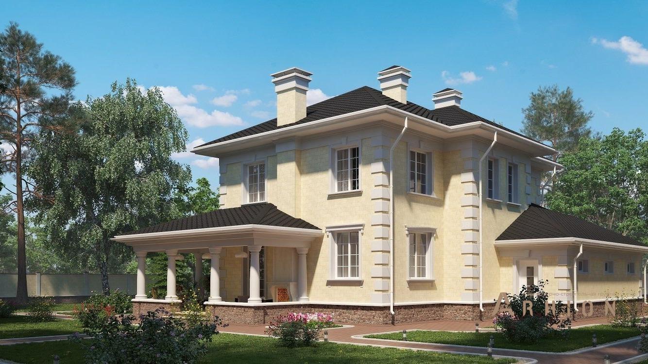 2. Проект двухэтажного дома в классическом стиле с многоскатной кровлей, kr-214, площадью - 243 кв c терассой, балконом, гаражом