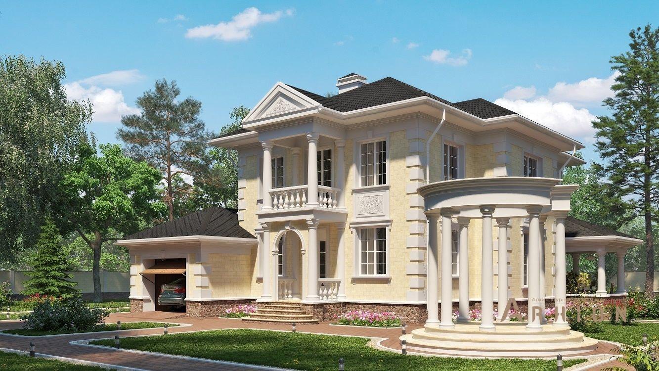 1. Проект двухэтажного дома в классическом стиле с многоскатной кровлей, kr-214, площадью - 243 кв c терассой, балконом, гаражом