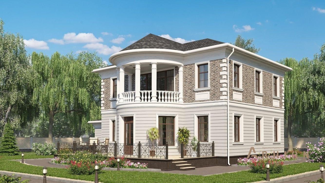 2. Проект двухэтажного дома в классическом стиле с четырехскатной, KR-219, площадью - 230 кв c терассой, балконом, гаражом, эркером, вторым светом