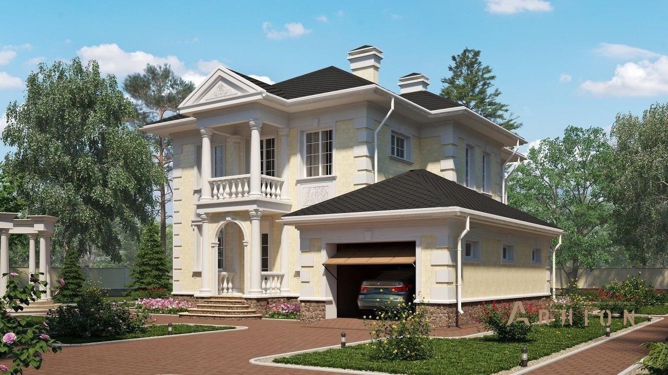 1. Проект двухэтажного дома в классическом стиле с многоскатной кровлей, kr-223, площадью - 224 кв c терассой, балконом, гаражом