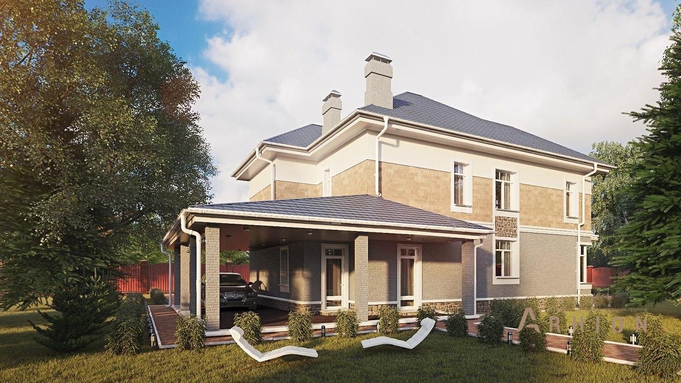 2. Проект двухэтажного дома в европейском стиле с многоскатной кровлей, kr-224, площадью - 232 кв c терассой, балконом, гаражом