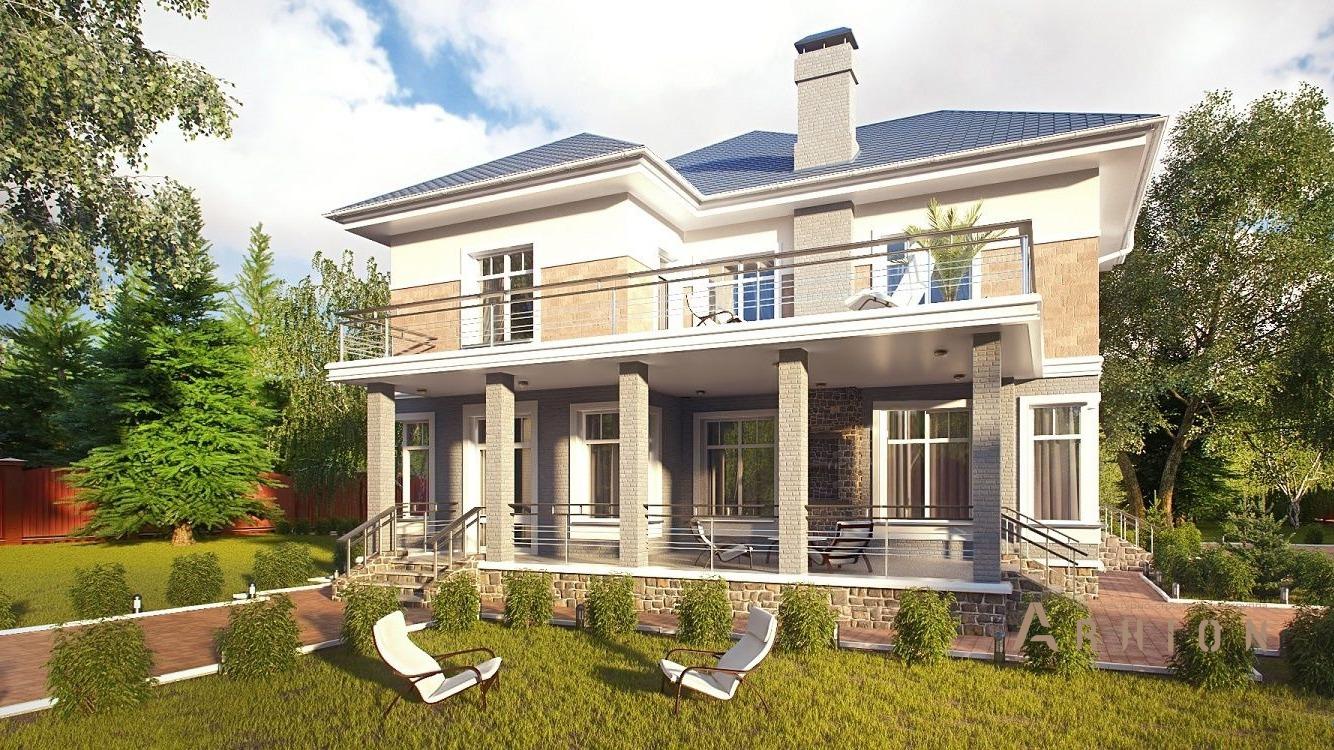 1. Проект двухэтажного дома в европейском стиле с многоскатной кровлей, kr-224, площадью - 232 кв c терассой, балконом, гаражом