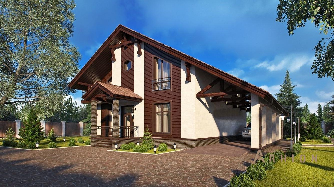 3. Проект одноэтажного дома в стиле шале с двускатной кровлей, kr-226, площадью - 225 кв c мансардой, терассой, балконом