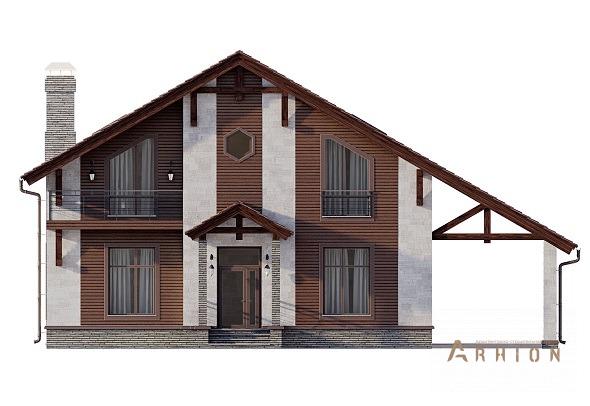 7. Проект одноэтажного дома в стиле шале с двускатной кровлей, kr-226, площадью - 225 кв c мансардой, терассой, балконом