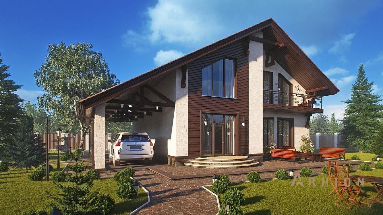 1. Проект одноэтажного дома в стиле шале с двускатной кровлей, kr-226, площадью - 225 кв c мансардой, терассой, балконом