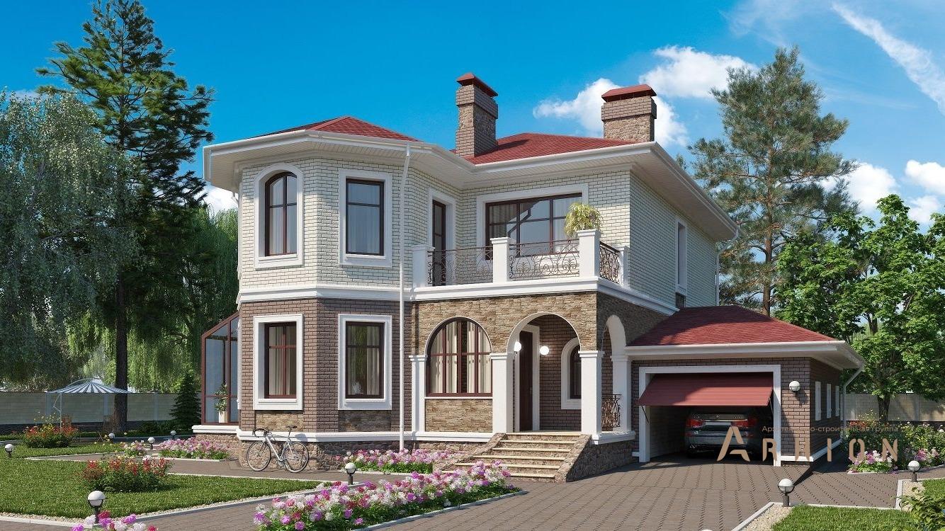 1. Проект двухэтажного дома в современном стиле с многоскатной кровлей, kr-241, площадью - 242 кв c терассой, балконом, гаражом, эркером