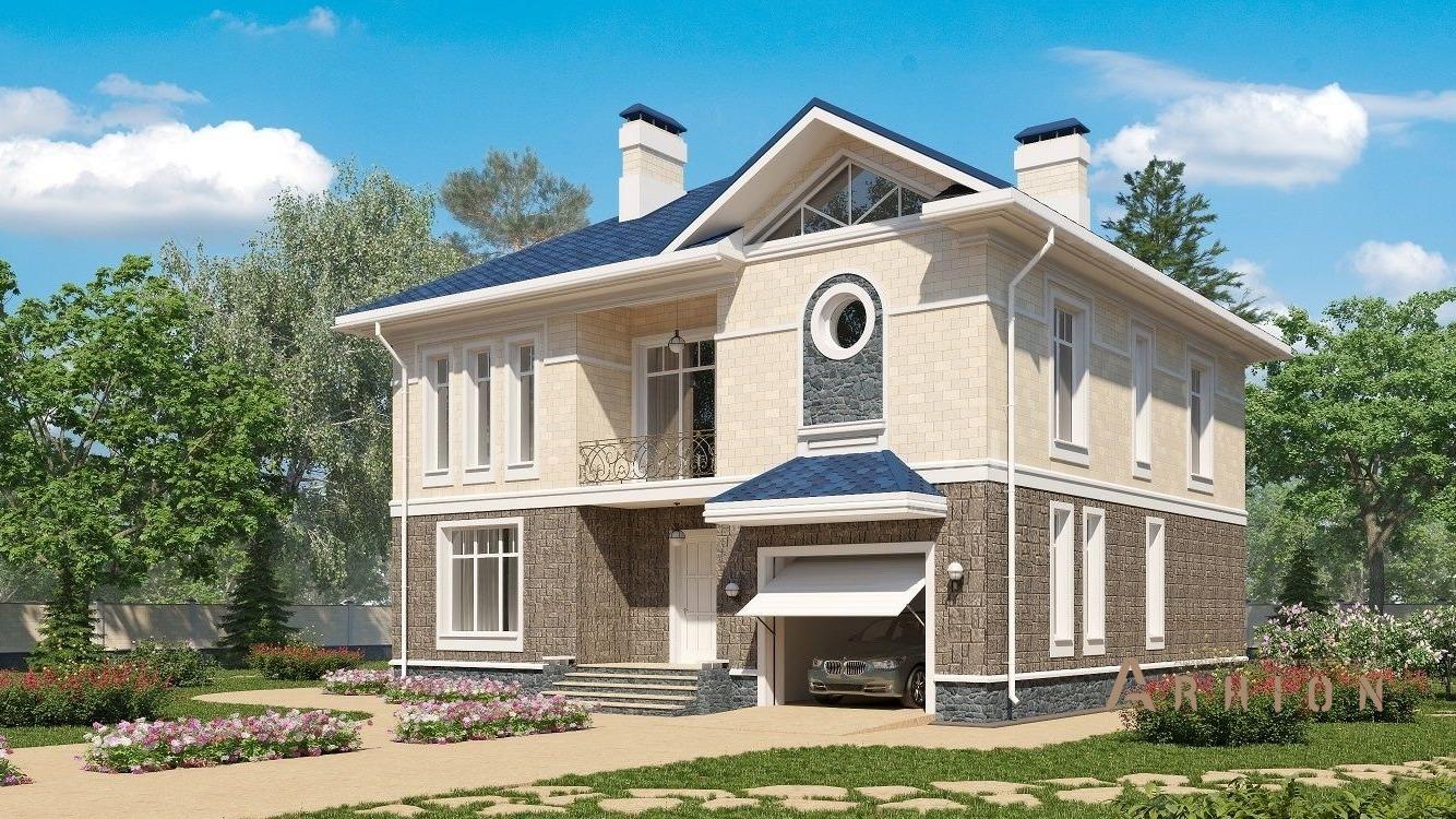 1. Проект двухэтажного дома в современном стиле с многоскатной кровлей, kr-254, площадью - 254 кв c сауной, терассой, балконом, гаражом, эркером