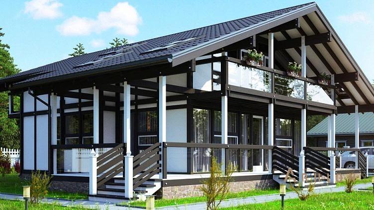 5. Проект одноэтажного дома в стиле фахверк с двускатной кровлей, kr-275, площадью - 202 кв c мансардой, терассой, балконом