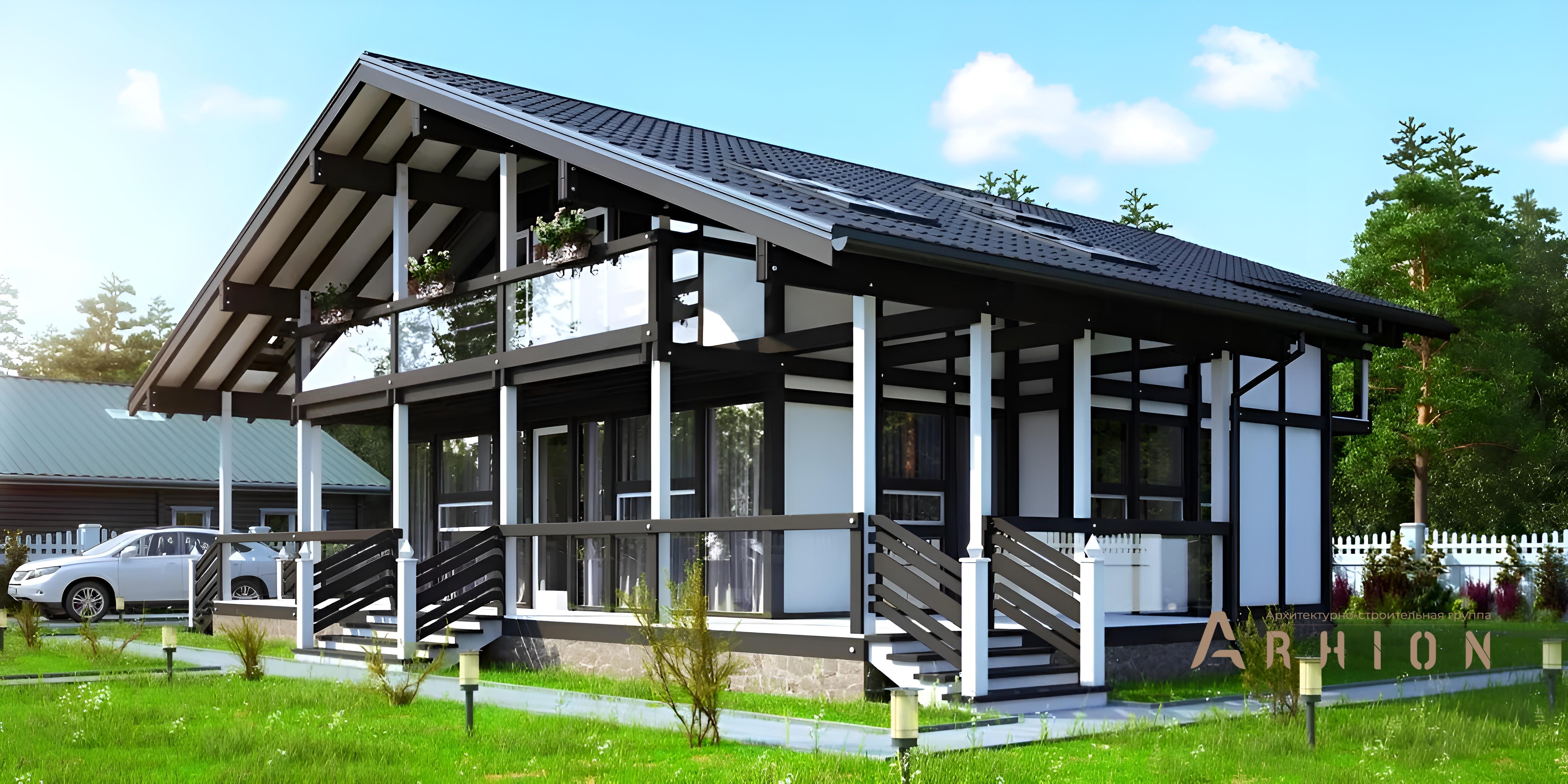 1. Проект одноэтажного дома в стиле фахверк с двускатной кровлей, kr-275, площадью - 202 кв c мансардой, терассой, балконом