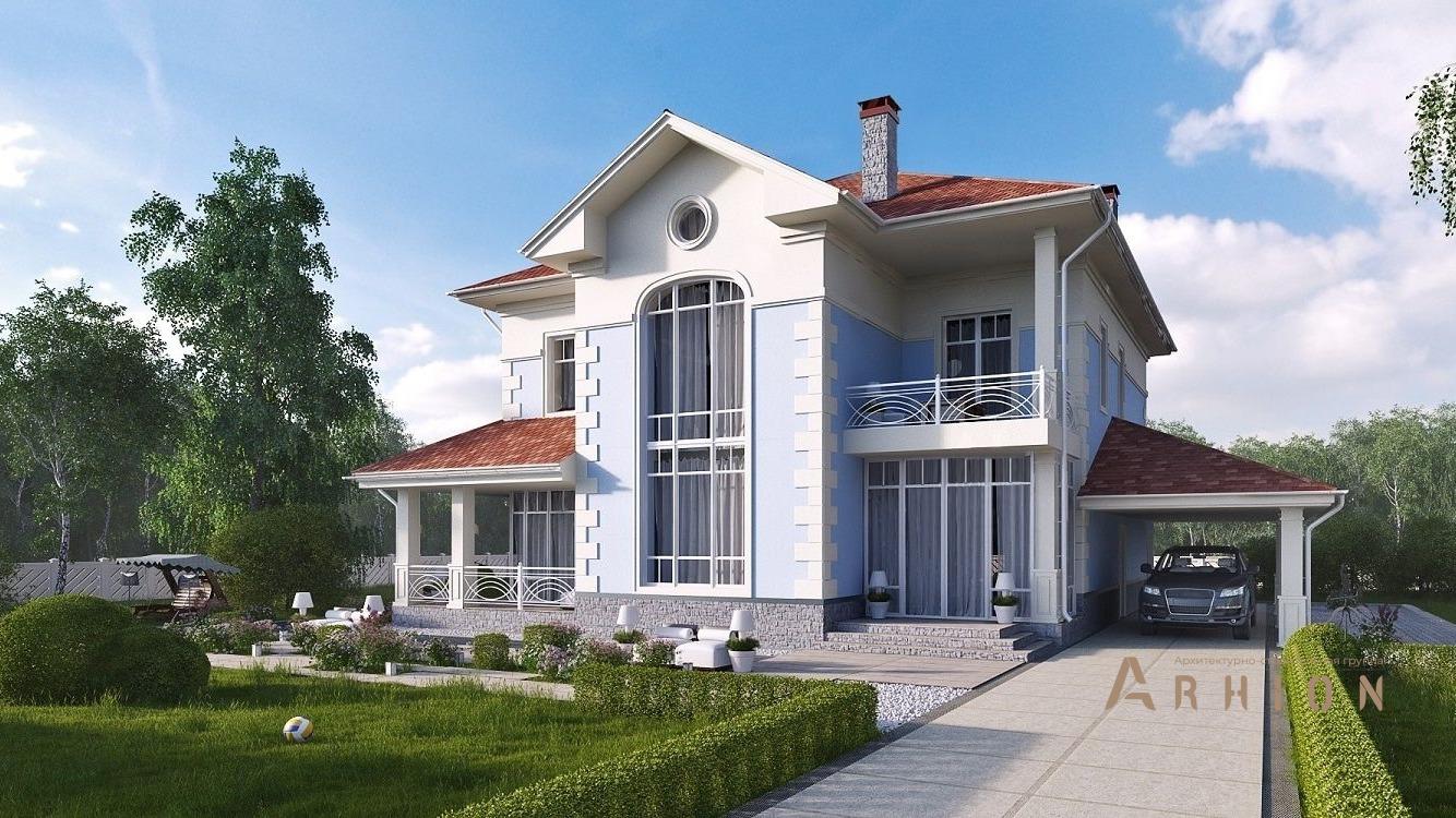 1. Проект двухэтажного дома в европейском стиле с многоскатной кровлей, kr-300, площадью - 300 кв c сауной, терассой, балконом, бассейном, вторым светом